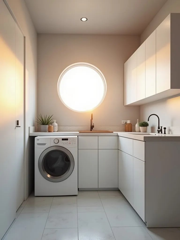 Minimalist laundry room with gray walls, white appliances, and circular window