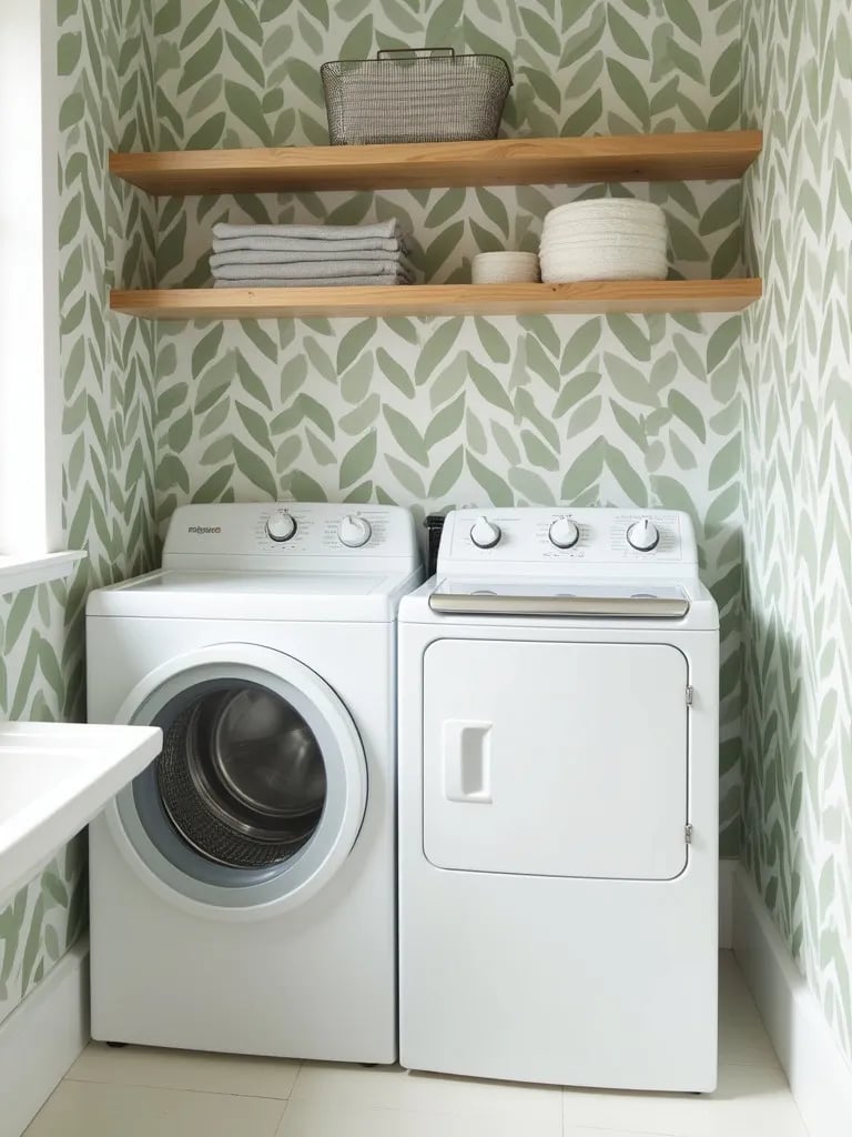Minimalist laundry room with green and white leaf wallpaper and wood accents