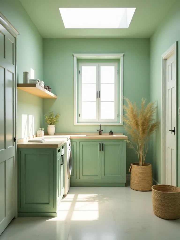 Minimalist laundry room with pale green walls and bamboo accents
