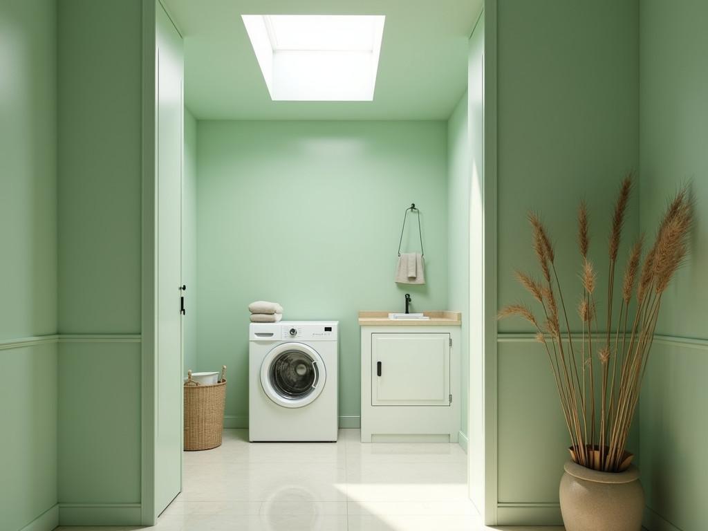 Minimalist laundry room with sage green walls and bamboo accents
