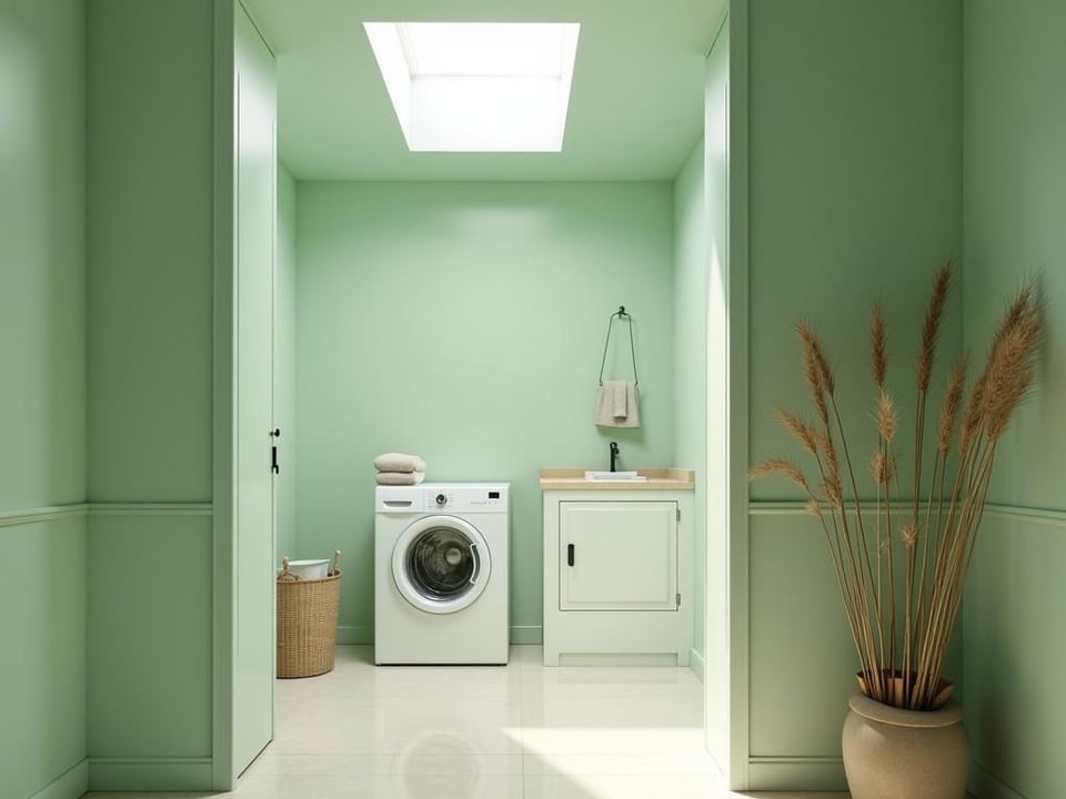 Minimalist laundry room with sage green walls and bamboo accents