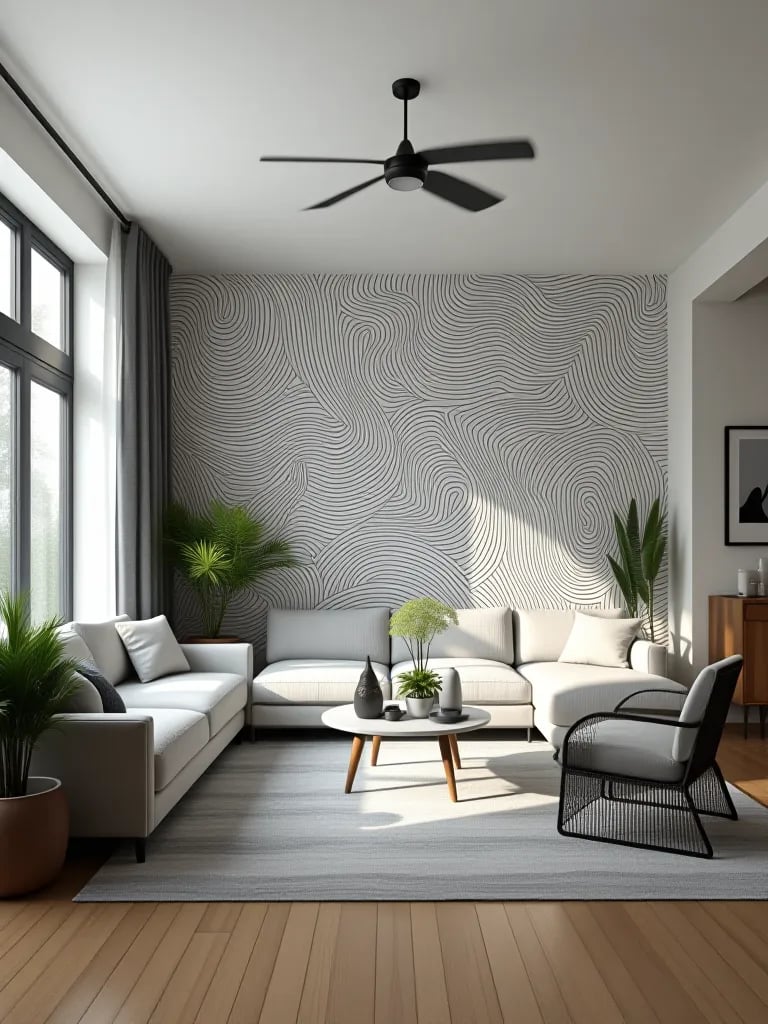 Minimalist living room with black and white line art wallpaper