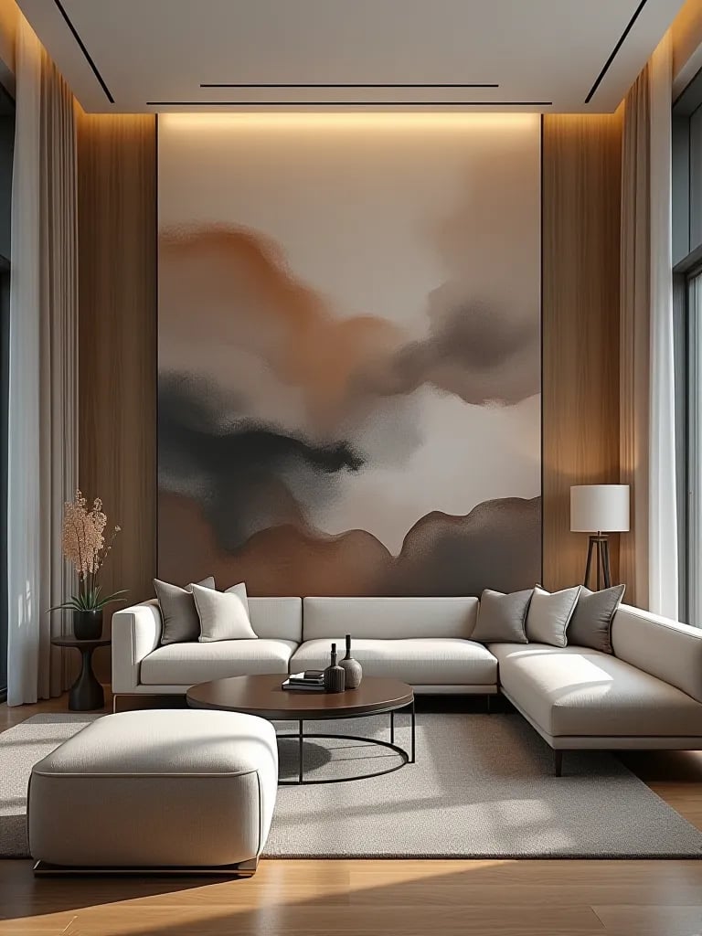Minimalist living room with large abstract wallpaper mural and simple furniture