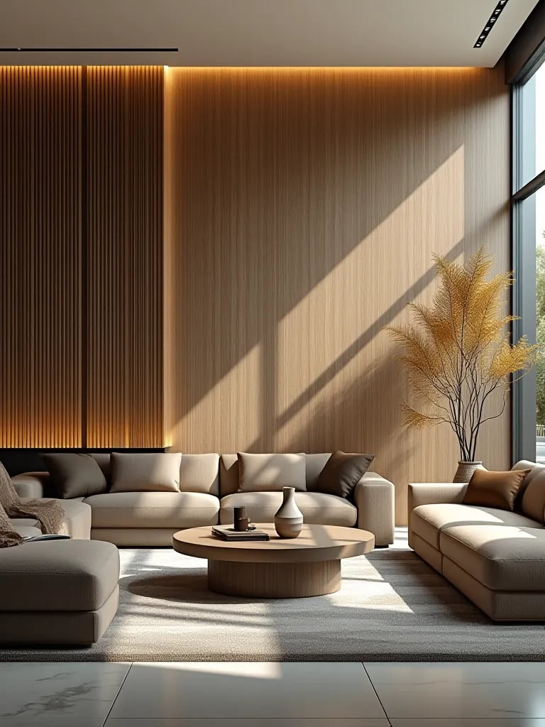 Minimalist living room with textured grasscloth wallpaper and large windows