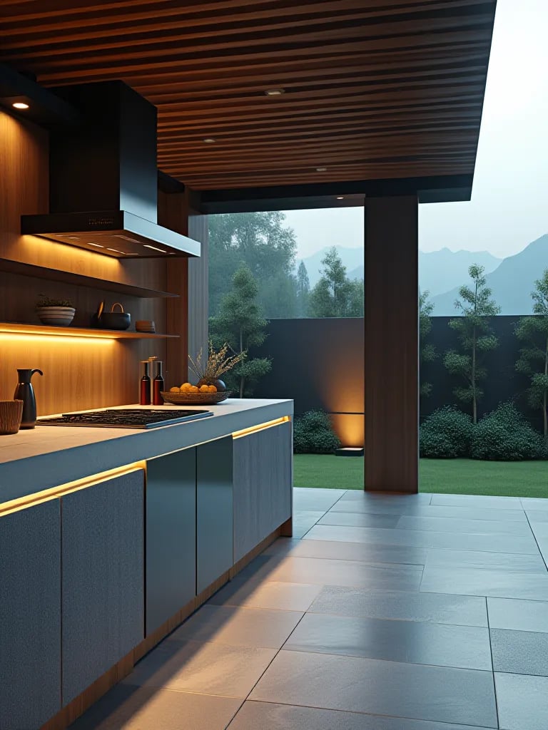 Minimalist outdoor kitchen with advanced appliances and automated pergola