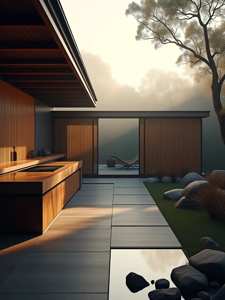 Minimalist outdoor kitchen with shou sugi ban wood and water feature through bamboo