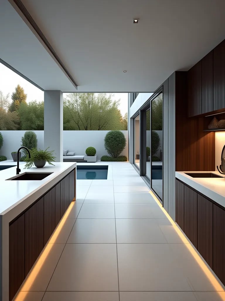 Minimalist outdoor kitchen with white quartz and wood accents near pool