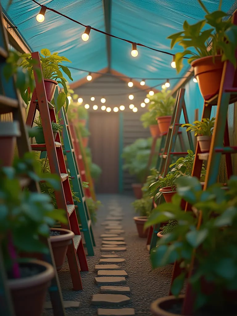 Minimalist patio featuring vegetables on artistic metal trellis structures