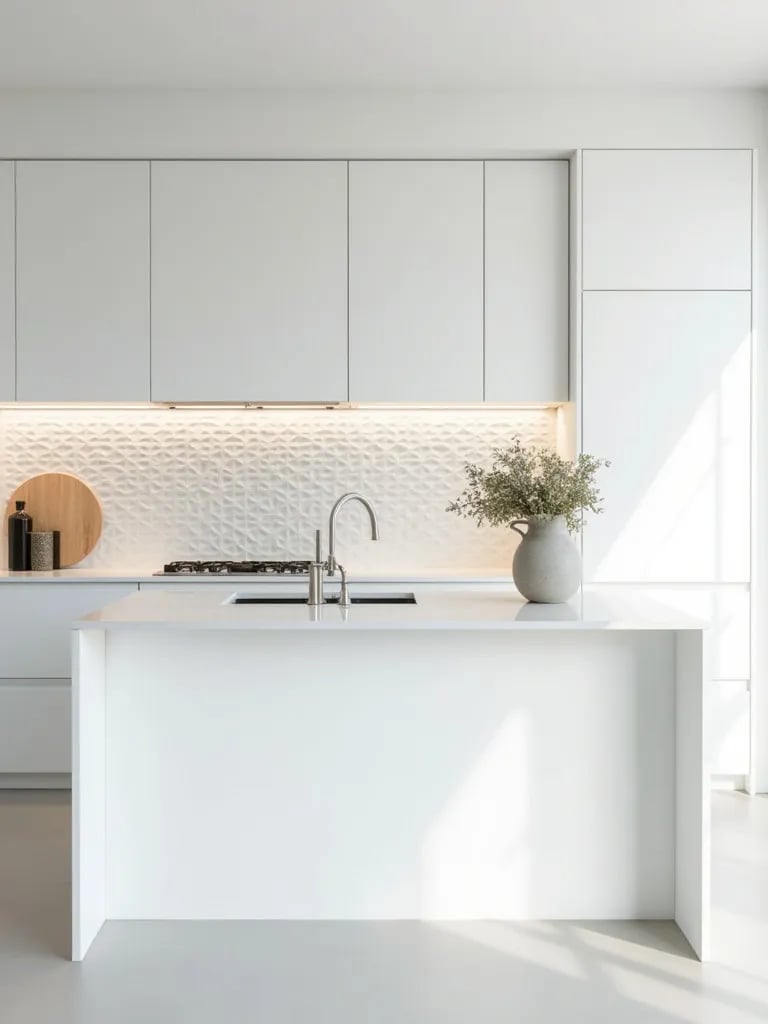 Minimalist white kitchen featuring textured 3D backsplash and waterfall island