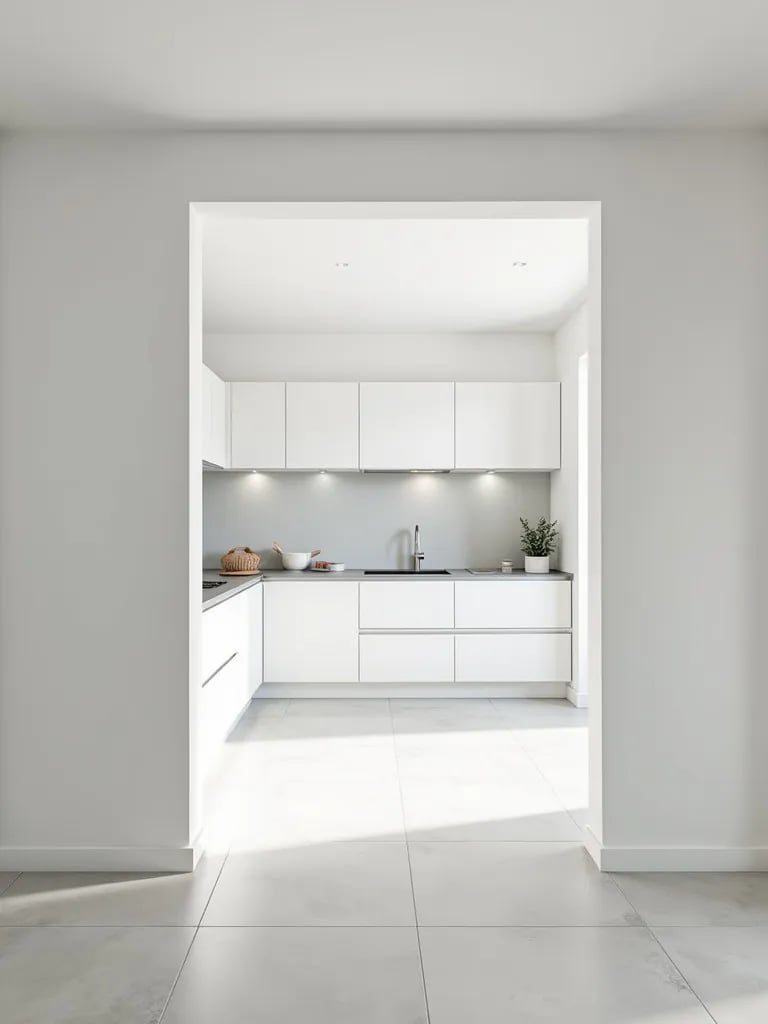 Minimalist white kitchen with large light grey porcelain tile flooring