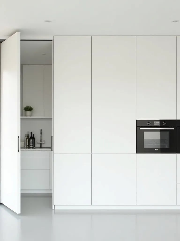Minimalist white kitchen with sliding panels revealing hidden storage