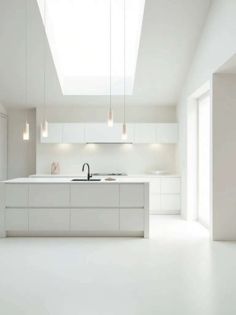 Minimalist white kitchen with tall ceilings and linear lighting