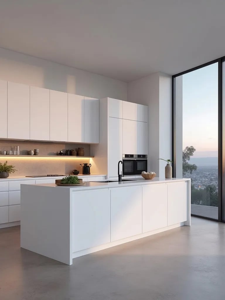 Minimalist white kitchen with waterfall island and hidden appliances