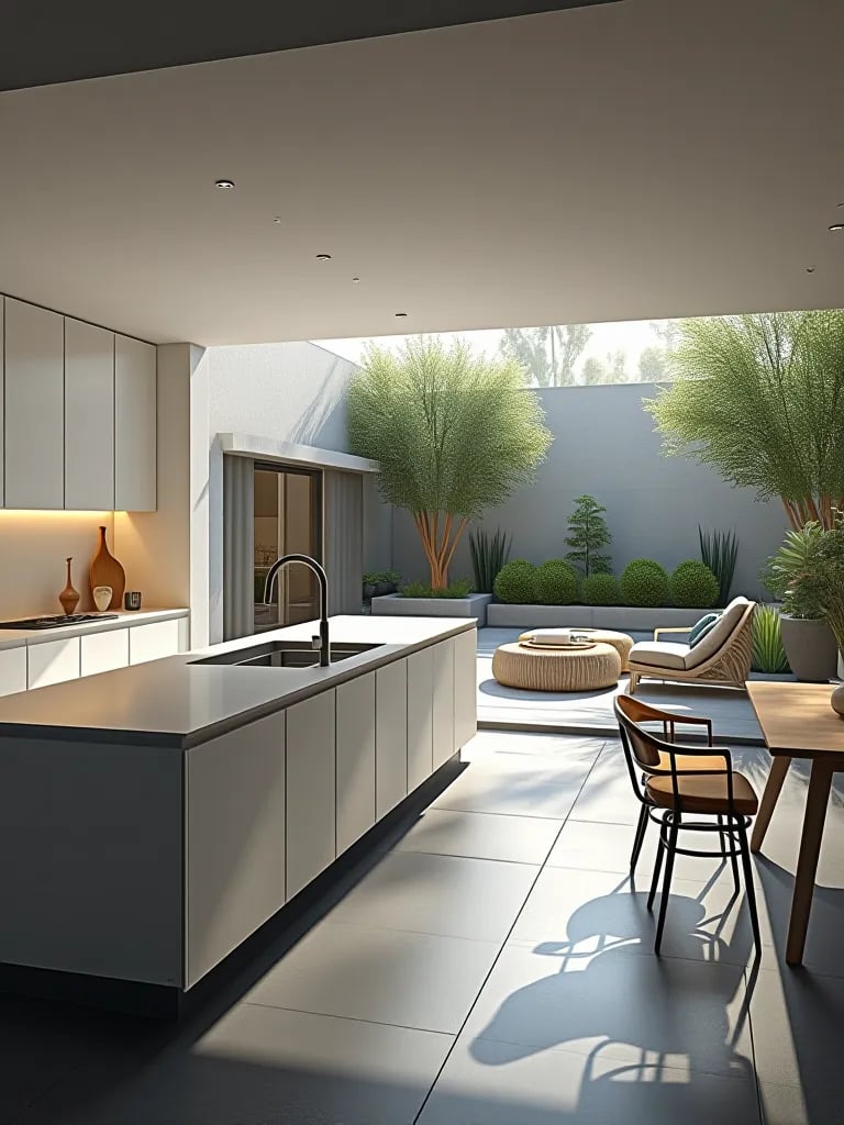 Minimalist white outdoor kitchen connected to modern patio in bright daylight