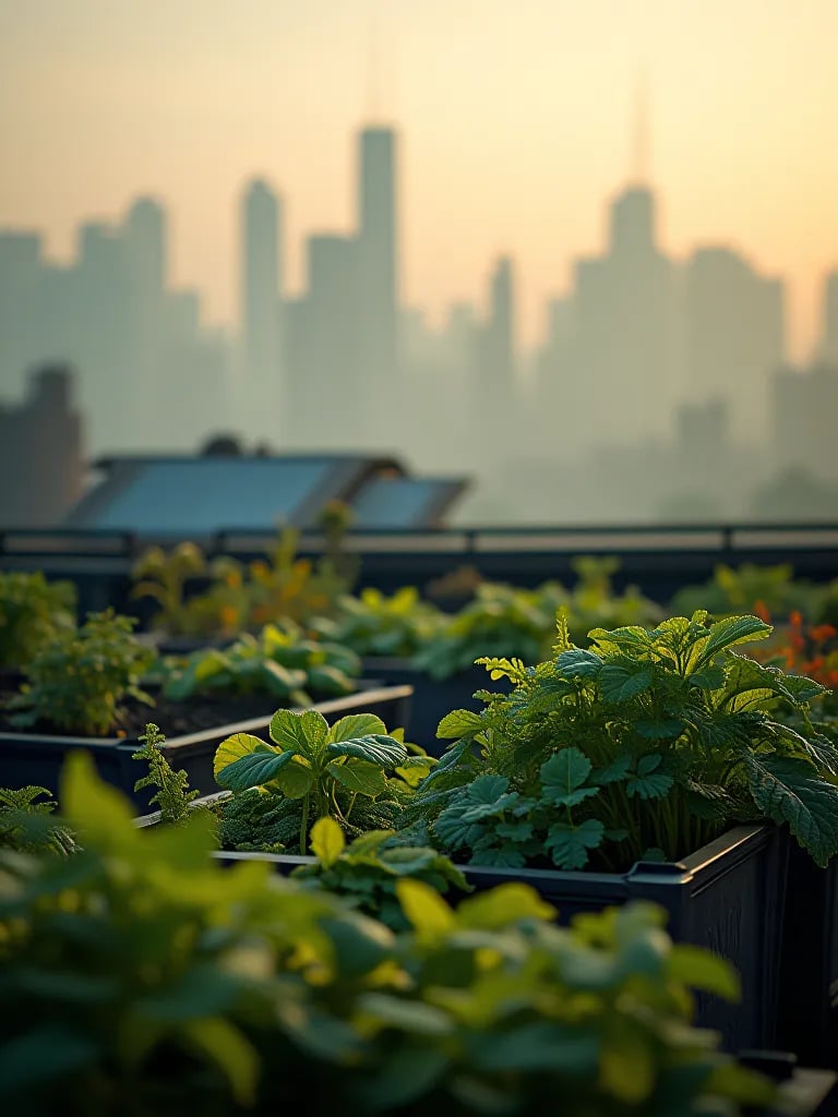 Misty cityscape behind rooftop container vegetable garden at sunrise