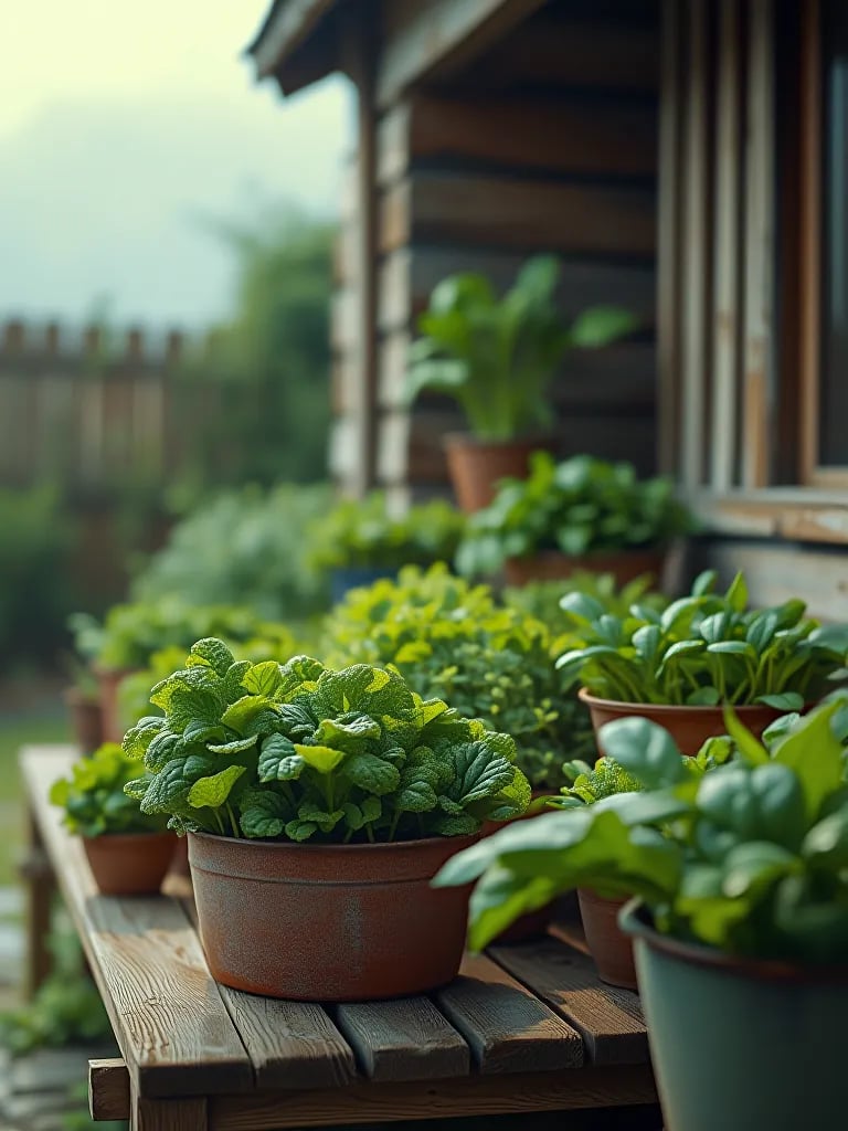 Misty morning view of wooden patio with container grown vegetables