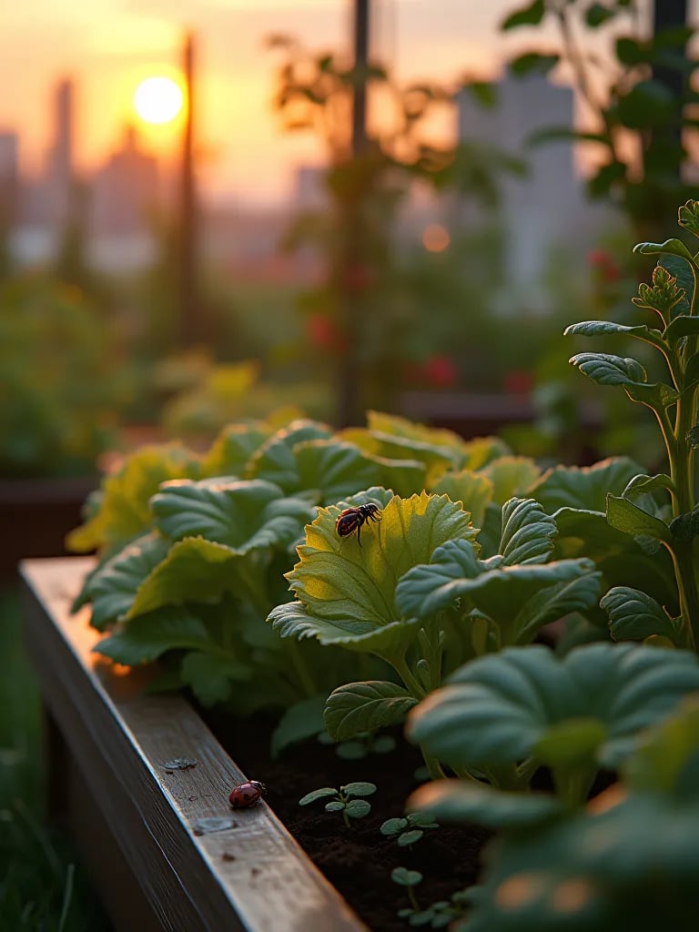 Misty rooftop container garden with vegetables and beneficial insects at dawn