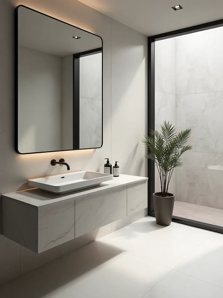 Modern bathroom featuring floating concrete vanity and large mirror