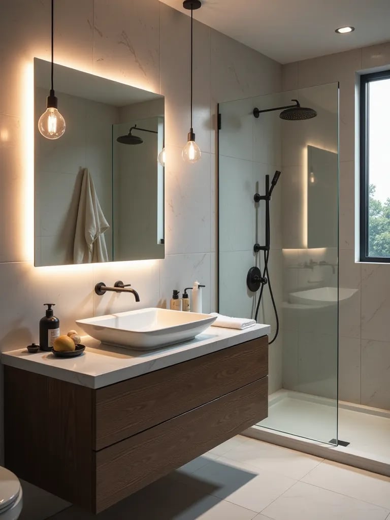 Modern bathroom vanity with LED mirror and pendant lights