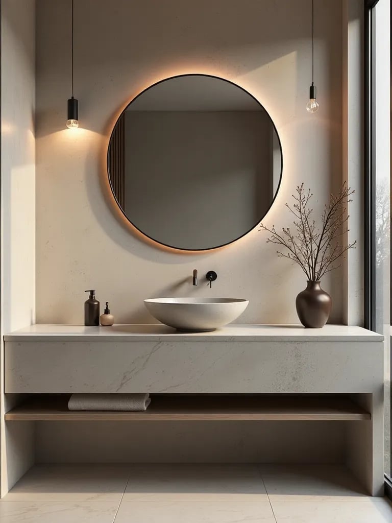 Modern bathroom vanity with concrete countertop and round mirror