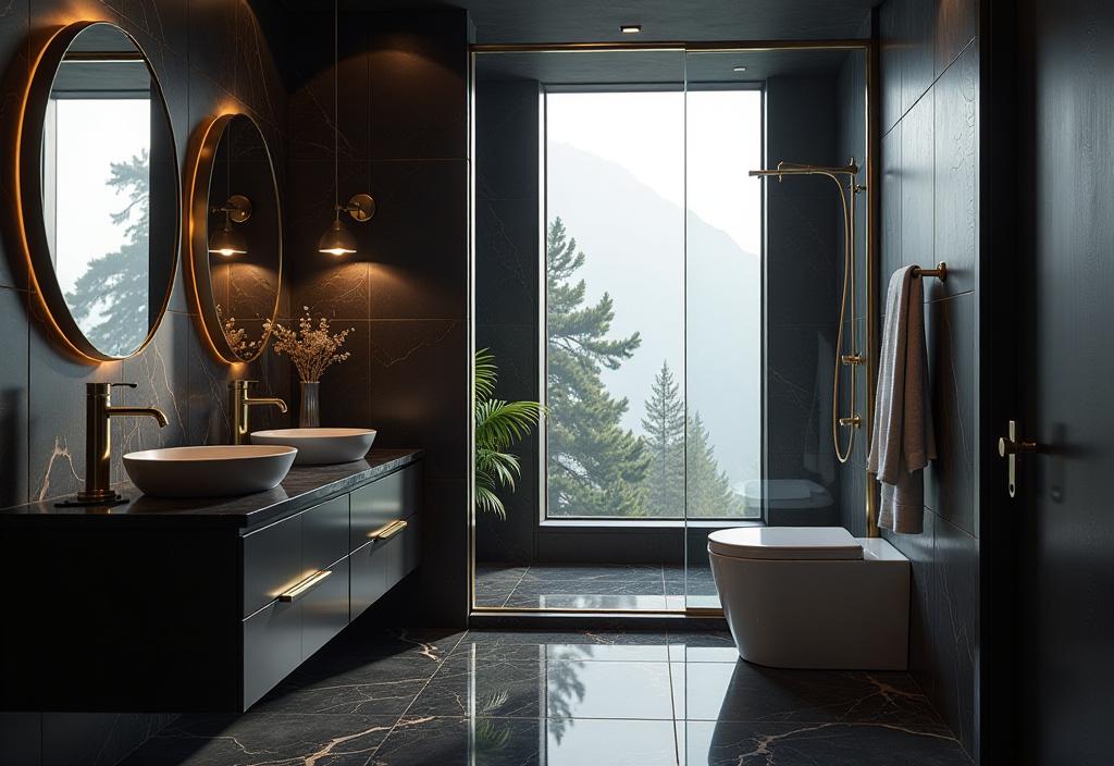 Modern bathroom with black granite counters and gold fixtures
