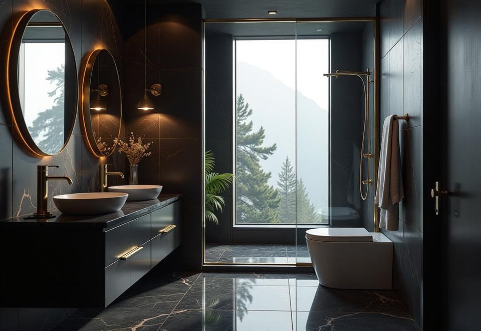 Modern bathroom with black granite counters and gold fixtures