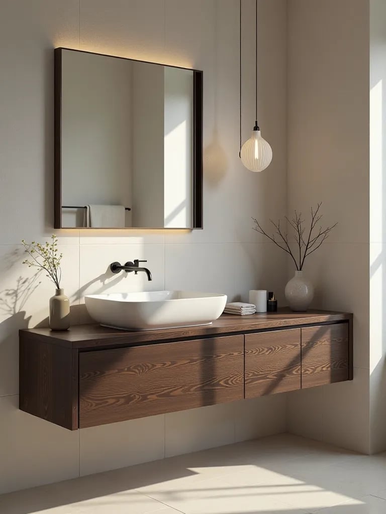 Modern bathroom with dark wood floating vanity against light walls