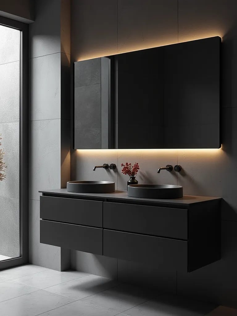 Modern bathroom with floating black double vanity and backlit mirror