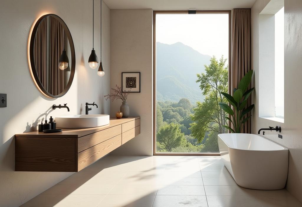 Modern bathroom with floating wood vanity and circular mirror
