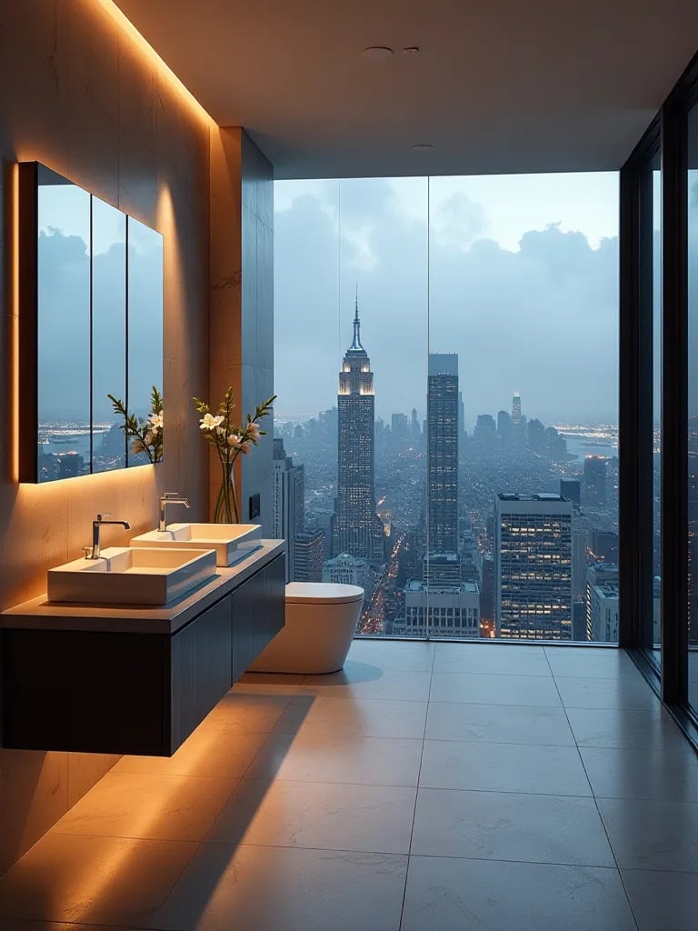 Modern bathroom with glass shower and city skyline view