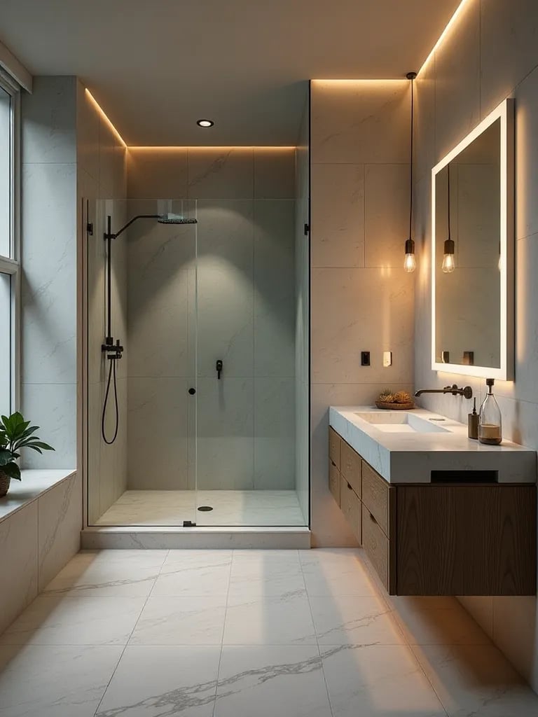 Modern bathroom with glass shower, heated floors, and floating vanity