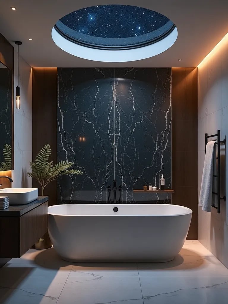 Modern bathroom with skylight, freestanding tub, and illuminated onyx wall