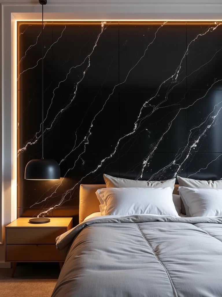 Modern bedroom featuring dramatic black marble wall with LED lights