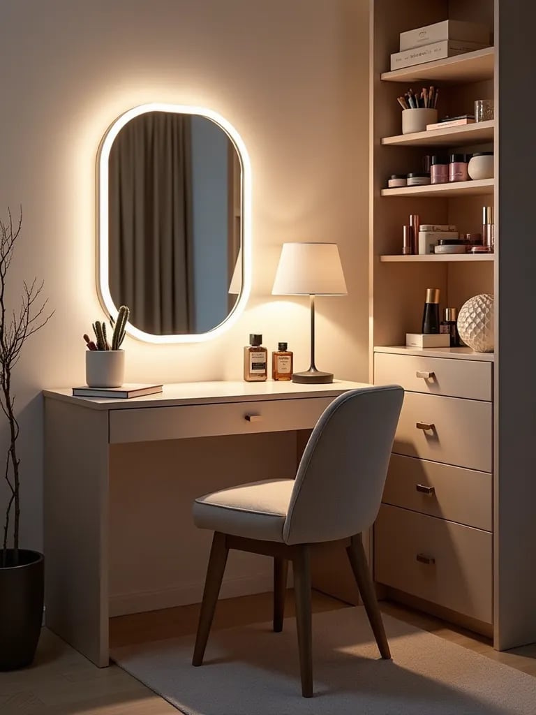 Modern bedroom vanity area with mirror, chair, and LED lighting from high angle