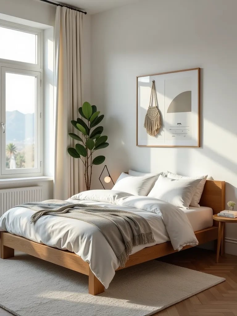 Modern bedroom with DIY cinder block bed and macrame accents