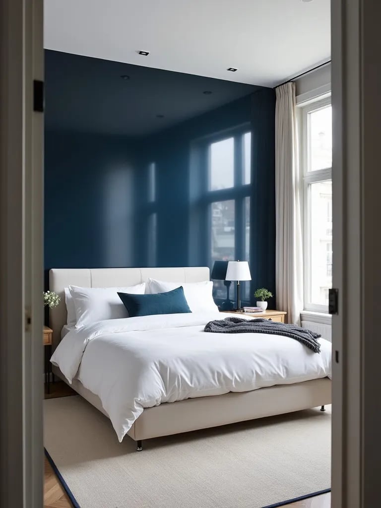 Modern bedroom with glossy navy blue feature wall and minimalist decor