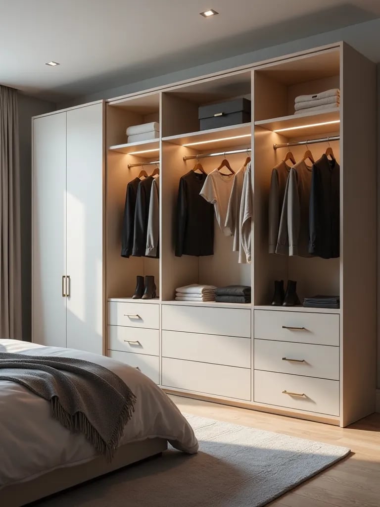 Modern bedroom with illuminated modular wardrobe system and storage