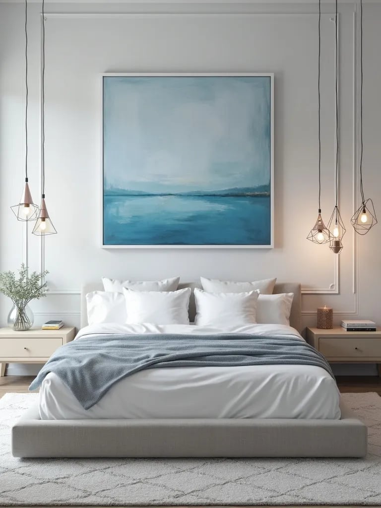 Modern bedroom with light gray walls and blue abstract art