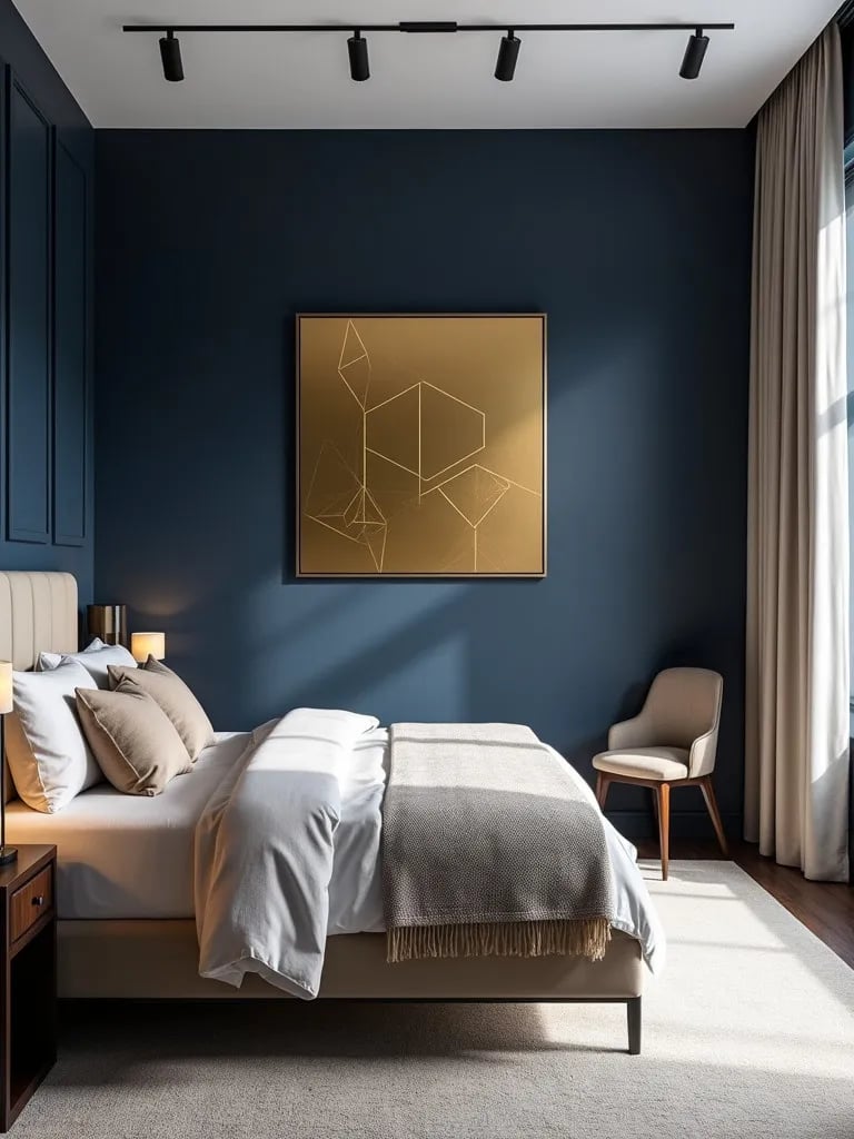 Modern bedroom with navy blue accent wall and gold decor