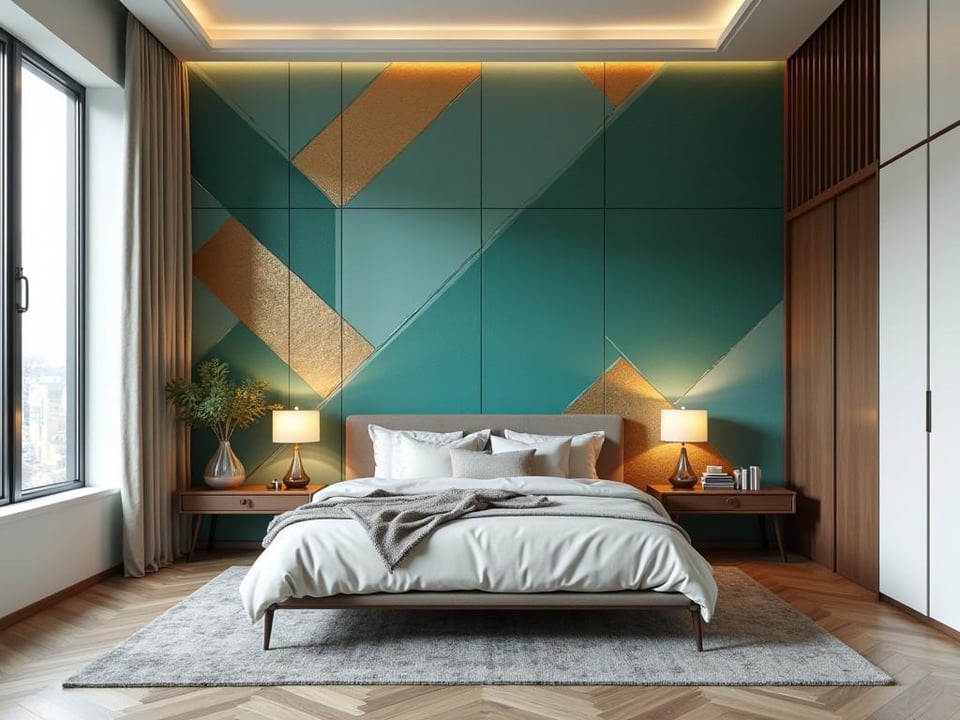 Modern bedroom with teal and gold geometric accent wall and minimalist furniture