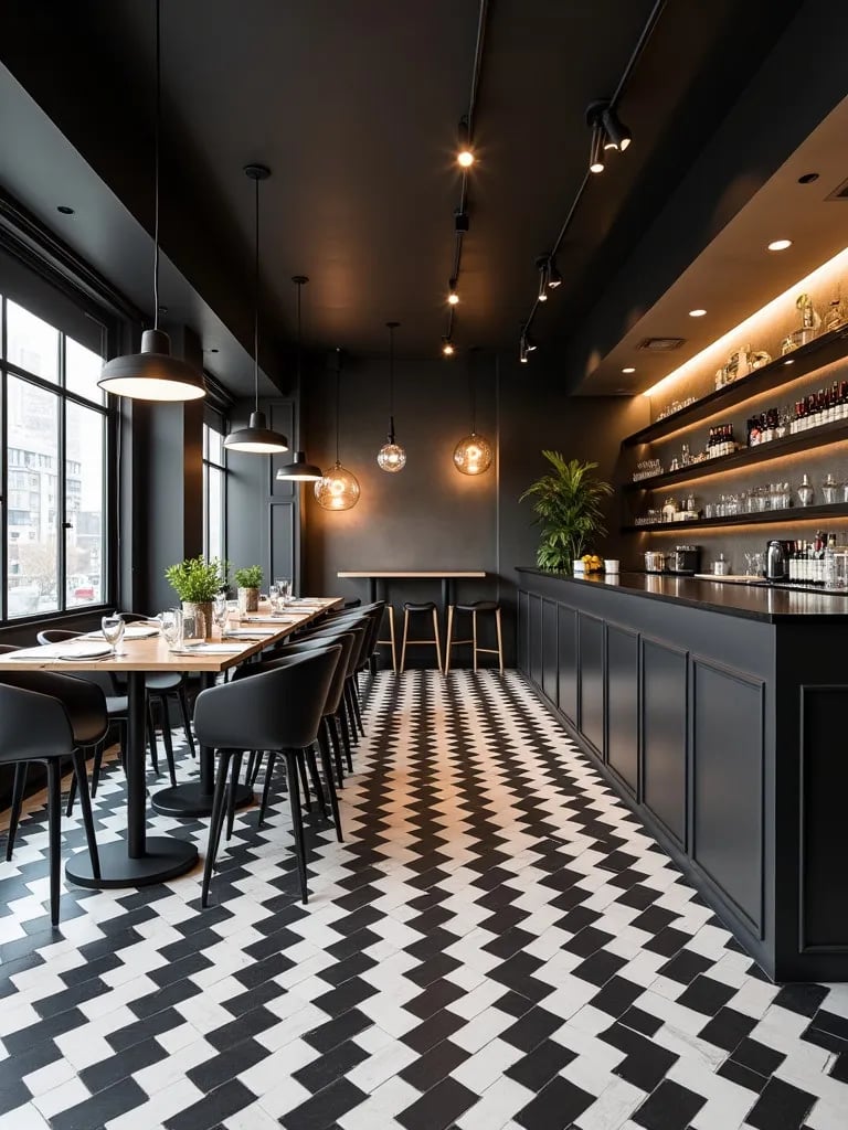 Modern dining room with black and white geometric patterned floor