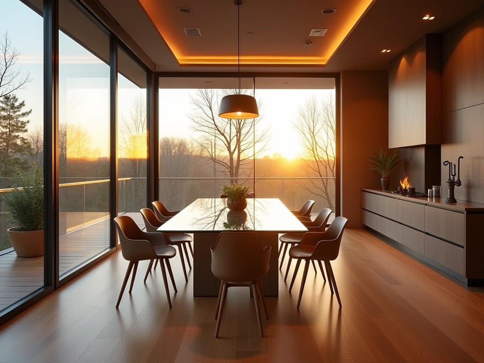 Modern dining room with hardwood floors and glass table in warm sunset light