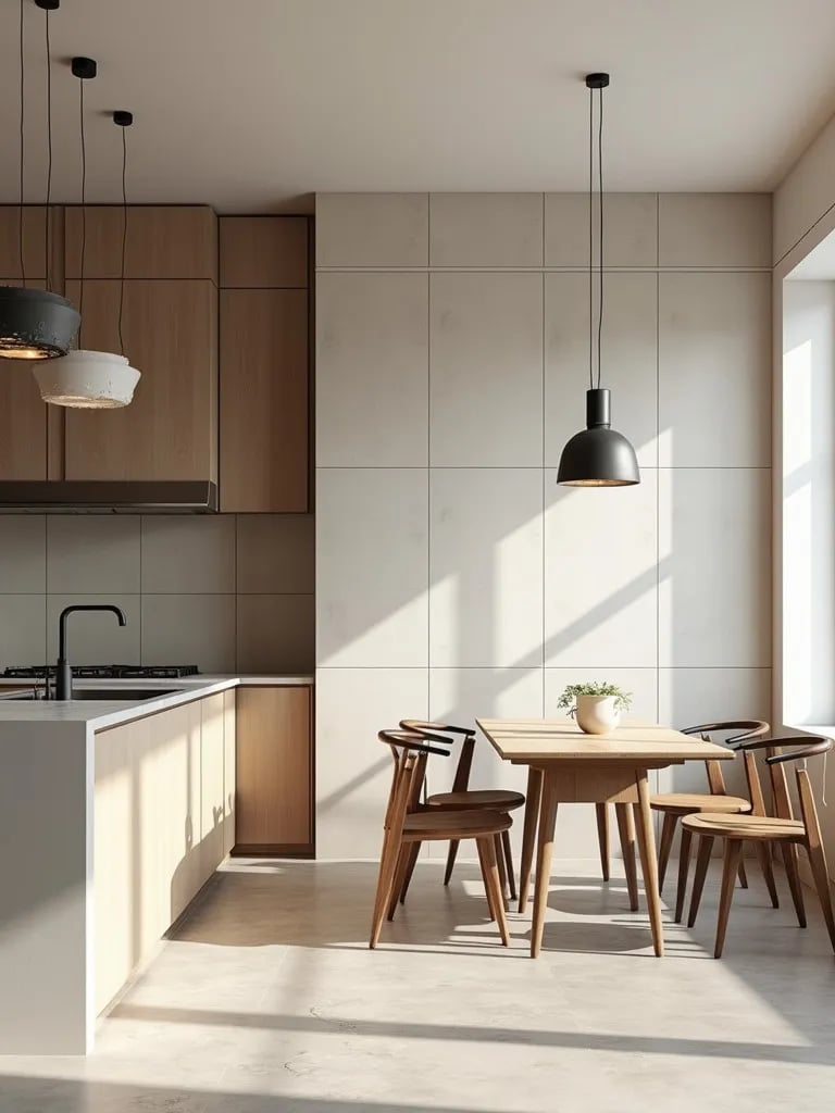 Modern dining room with large format tile flooring installation in progress