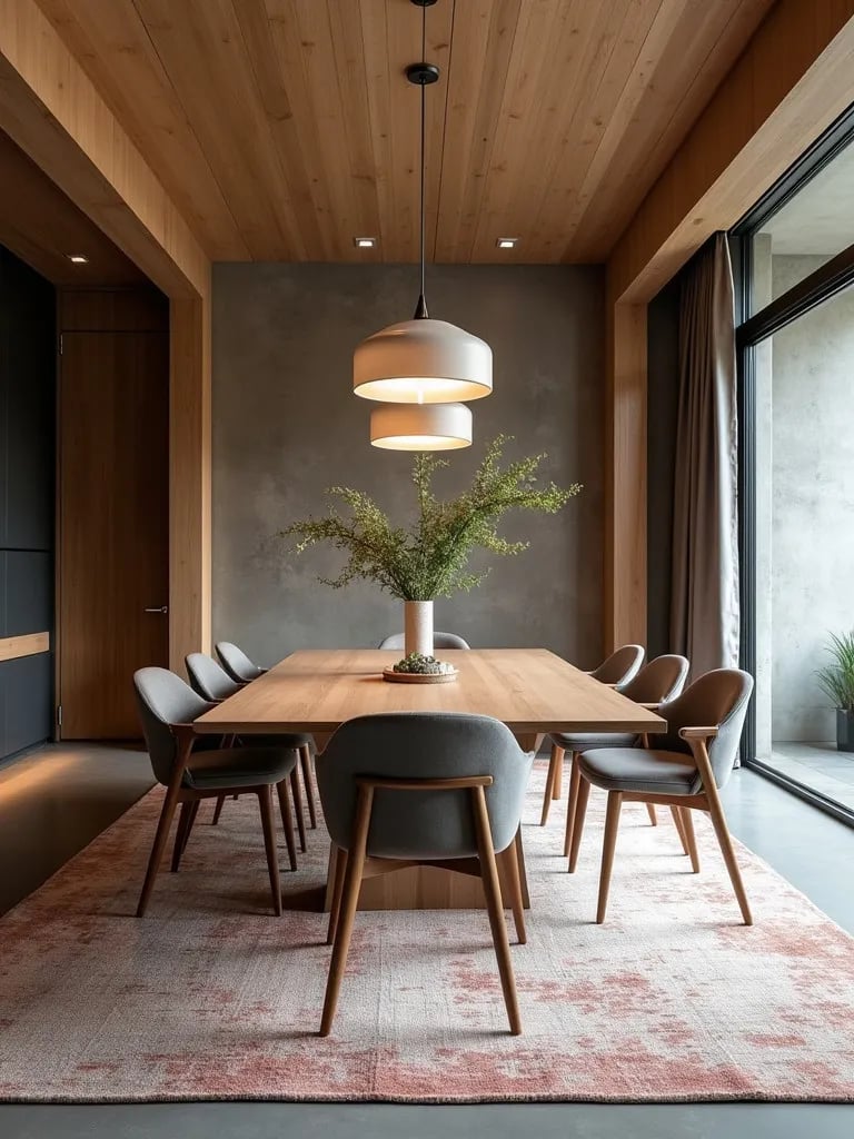 Modern dining room with polished concrete floor, large rug, and geometric lighting