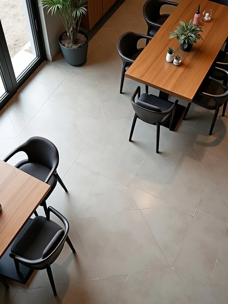 Modern dining room with striking geometric patterned tile floor