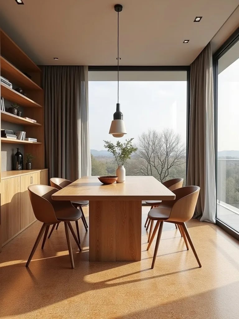 Modern dining room with textured cork flooring and sound dampening features