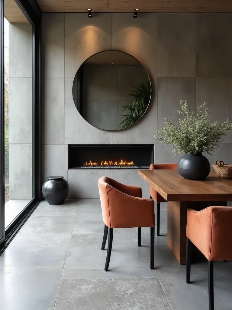 Modern dining space featuring large format concrete look tiles and oversized round mirror