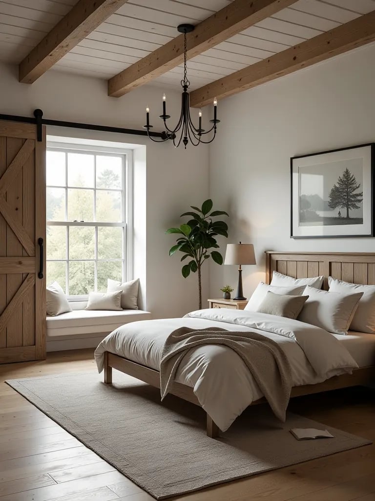 Modern farmhouse bedroom with wood bed and barn door