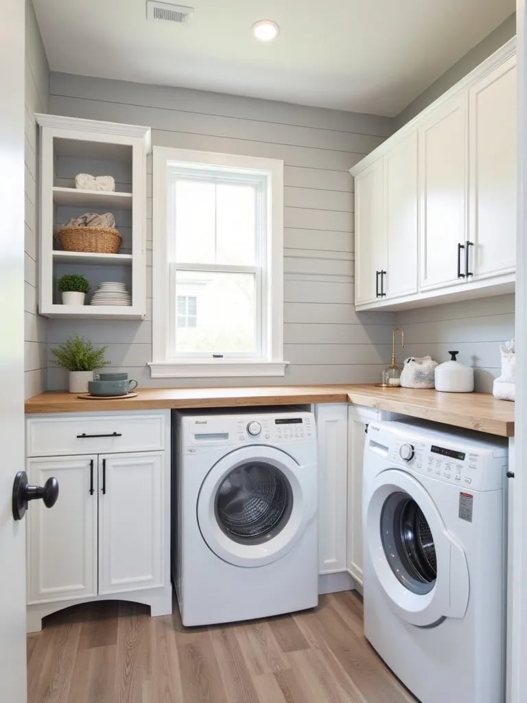 Modern farmhouse laundry room featuring shiplap wallpaper and wooden accents