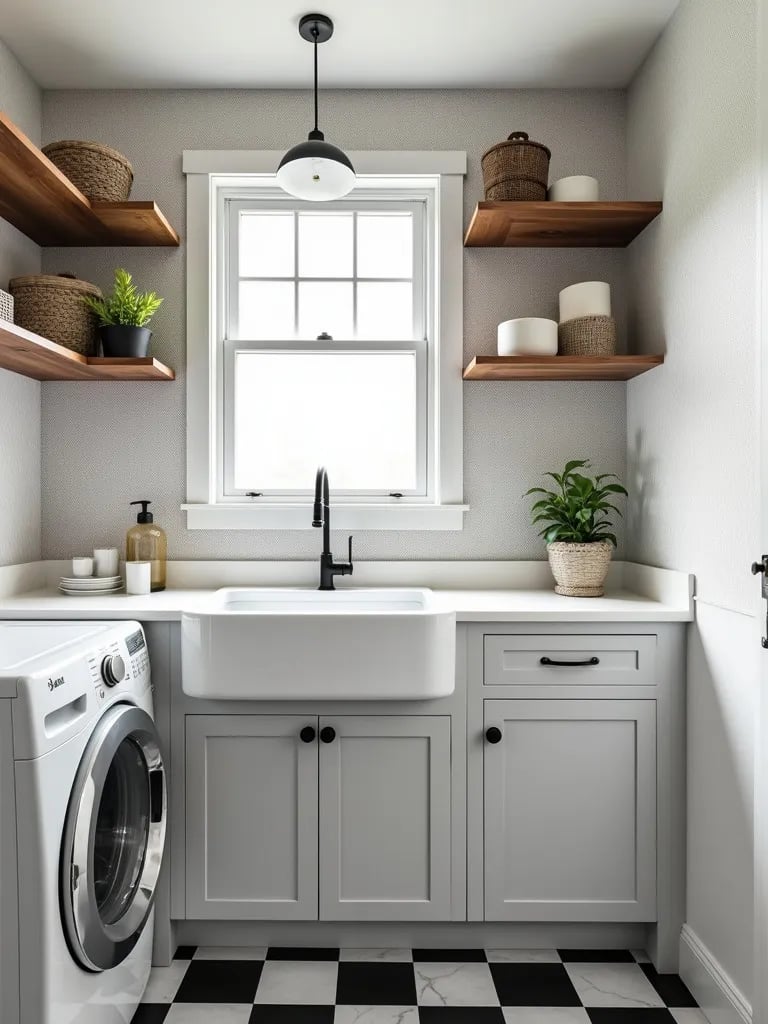 Modern farmhouse laundry room with grey chicken wire wallpaper and checkered floor
